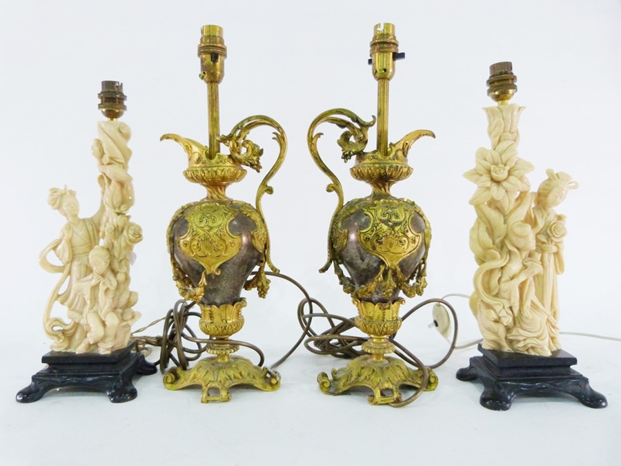 Pair of elaborate faux-ormolu and faux-marble table lamps, a pair of faux-ivory table lamps