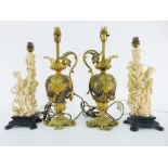 Pair of elaborate faux-ormolu and faux-marble table lamps, a pair of faux-ivory table lamps