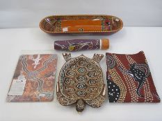 Aboriginal bowl, a didgeridoo place mat, bowls, place mat towels (5)