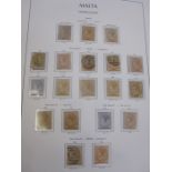Album of Malta stamps, page of 1/2d 1860 through to 1966 appears complete, includes 1922 10s