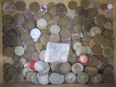 Box of silver pre-1947 silver and pennies and some foreign coins