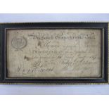 Two Guinea note, "Winchcomb, Gloucester Bank", no.826, dated 25th January 1817, framed