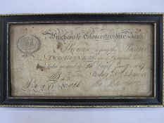 Two Guinea note, "Winchcomb, Gloucester Bank", no.826, dated 25th January 1817, framed