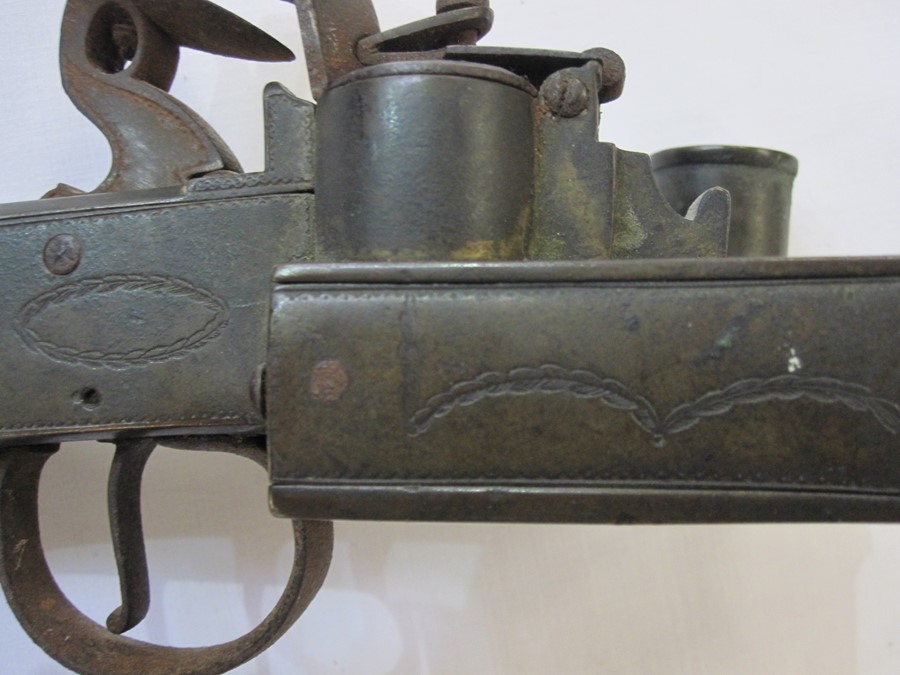 19th century flintlock table lighter with engraved brass mounts and mahogany scroll - Image 4 of 6