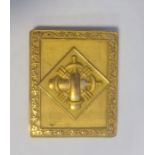 Cricket interest: Embossed brass-finish buckle with pair crossed bats and wickets, 7cm x 6cm