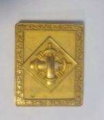 Cricket interest: Embossed brass-finish buckle with pair crossed bats and wickets, 7cm x 6cm
