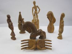 Box of wooden carved items including artist's marquette's, figures, angel, hands, models, etc (1