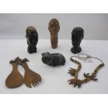 Carved stone hippopotamus, Zulu tribal wooden animal beads, circa 1970's, zebra carved salad servers