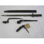 WWI 1907 patent bayonet, WWII Mk2 bayonet, 19th century socket bayonet (af) and a WWII penknife (4)