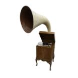 Gramophone with large 28'' diameter papier mache horn, the player probably an EMG / Ginn Expert