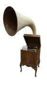 Gramophone with large 28'' diameter papier mache horn, the player probably an EMG / Ginn Expert