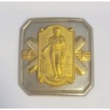 Cricket interest: Embossed and partly gilt metal buckle with batsman, wickets and pair crossed bats,