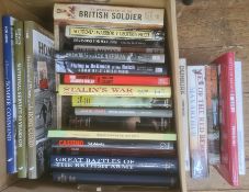 Militaria, two boxes of books on the subject of war, mainly concerning WWII, to include David