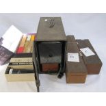 Slide projector (boxed), a Solignor slide duplicator (boxed), various lantern slides to include