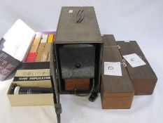 Slide projector (boxed), a Solignor slide duplicator (boxed), various lantern slides to include