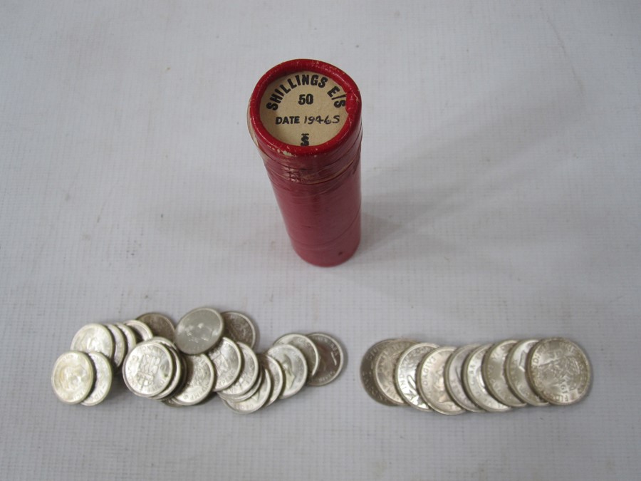 Tube of uncirculated or near-so shillings and sixpences, (24 sixpences and 10 shillings)