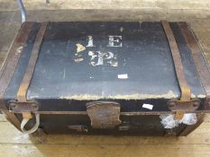 Trunk containing two gas masks, shell case, canvas, ruck sack and bags, sand bags, WWII air ministry