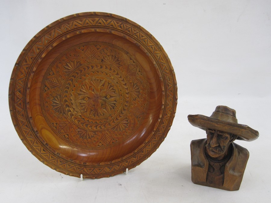 Mexican wooden carved bowl and a carved wooden man with hat, marked 'A.Crepaz' to reverse (2)