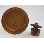 Mexican wooden carved bowl and a carved wooden man with hat, marked 'A.Crepaz' to reverse (2)