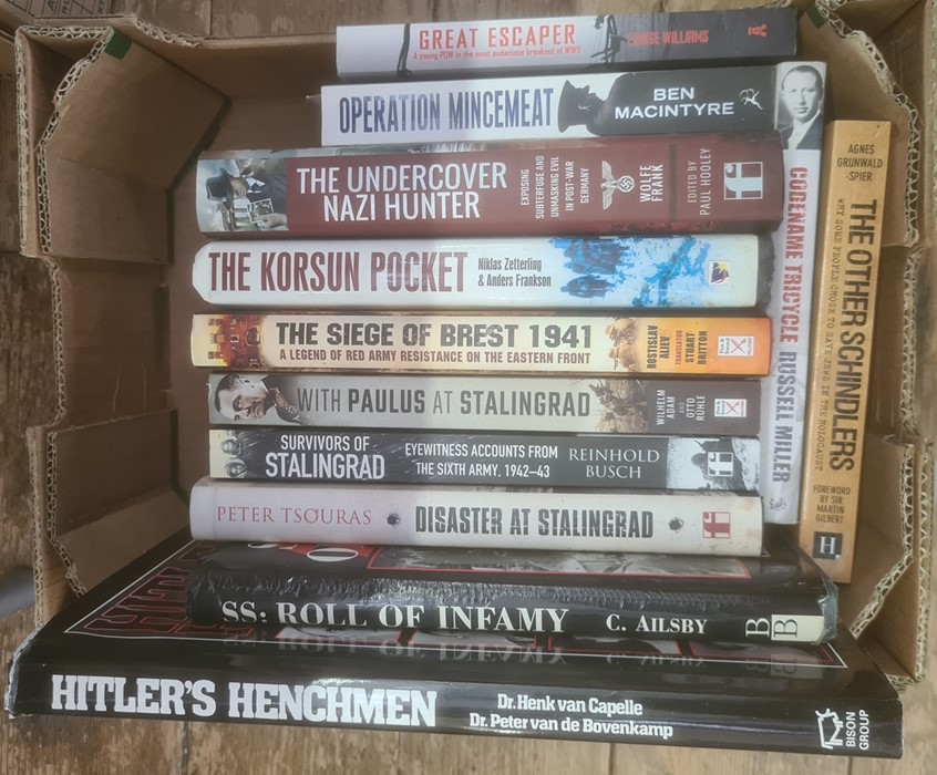 Militaria, three boxes of books mainly on the subject of WWII, including Tim Bean and Will Fowler "