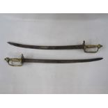 Pair of brass handled swords with reeded grip and heart shaped guard (unmarked)
