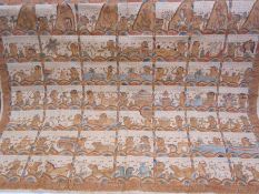 Asian story wall hanging, possibly Thai, depicting figure and Gods, with inscriptions in orange, red