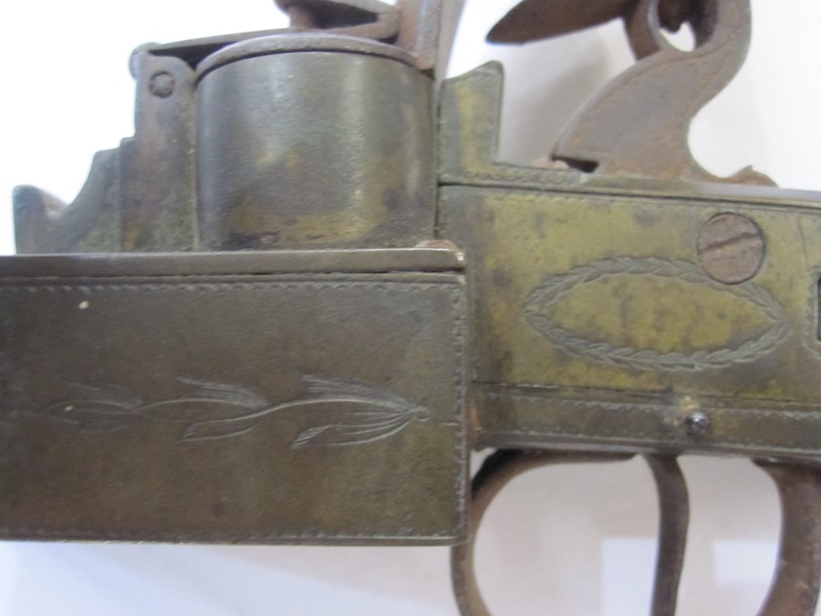 19th century flintlock table lighter with engraved brass mounts and mahogany scroll - Image 3 of 6