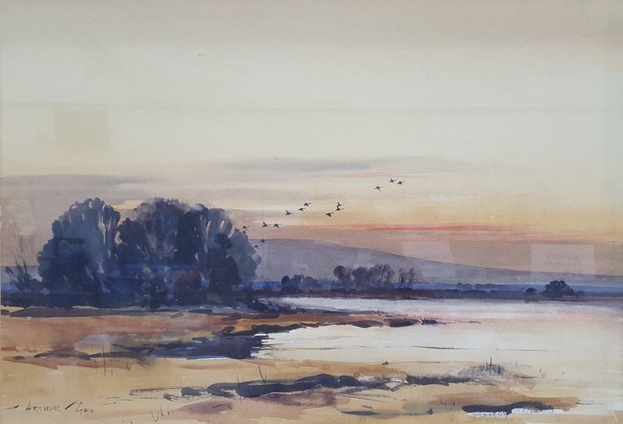 Arthur Gee (1934-2011) Watercolour Ducks at sunset, signed lower left, 51 x 73cm