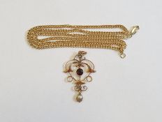 Edwardian 9ct gold pendant set with seed pearls, a circular amethyst stone and mother of pearl