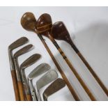Assorted golf clubs to include left-handed wood-handled clubs, a Gibson & Co Ltd of Scotland King