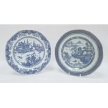 Two Chinese export blue and white octagonal plates, 18th century, printed and painted with figures