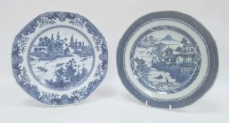 Two Chinese export blue and white octagonal plates, 18th century, printed and painted with figures