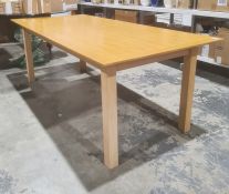 Modern oak rectangular dining table on square section supports, 201cm x 91.5cm