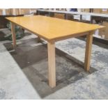 Modern oak rectangular dining table on square section supports, 201cm x 91.5cm