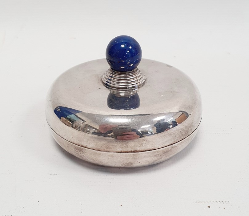 A 20th century silver coloured metal circular lidded trinket dish, with lapis lazuli style