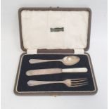Silver christening cutlery set by Viners Ltd, Sheffield 1947, comprising spoon, fork and knife