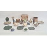 Quantity studio pottery items to include vases, covered butter dish and other items