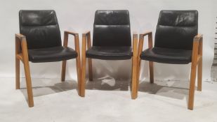 Set of five oak-framed and black leather upholstered office chairs manufactured by Sven Christiansen
