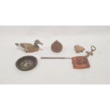 A blonde tortoiseshell card case, a bottle opener, carved wooden and painted duck, etc