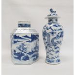 Chinese porcelain hexagonal jar and cover, underglaze blue decoration of lakeside landscape