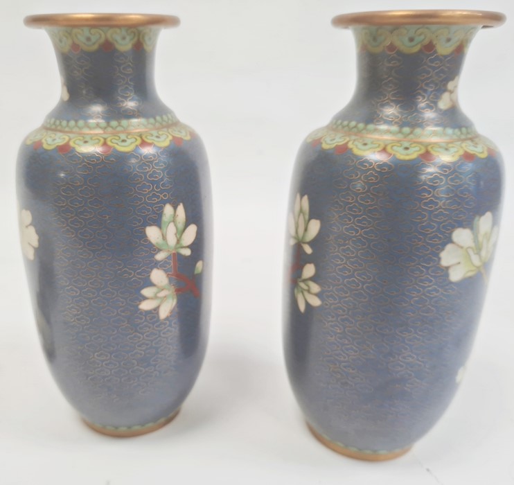 Pair Japanese cloisonné enamel vases of rouleau form, flowering peony on a blue enamel and cloud - Image 9 of 10