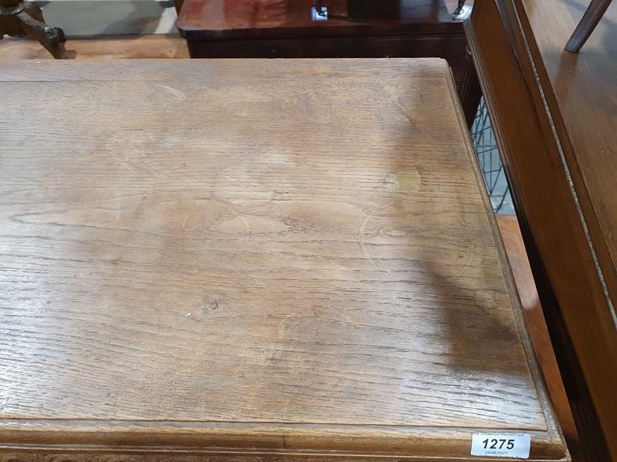 20th century oak coffer, rectangular top with moulded edge, three panels to the front, shaped - Image 11 of 24