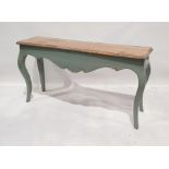 Hall table in the French taste, with oak top, shaped apron, painted base, on cabriole legs, finished