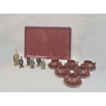 Collection of six Chinese partly glazed stoneware figures, various sizes and a Japanese lacquer