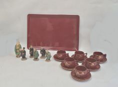 Collection of six Chinese partly glazed stoneware figures, various sizes and a Japanese lacquer