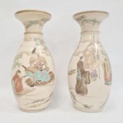 Pair 19th century Japanese Satsuma earthenware vases, ovoid with flared rims and painted with