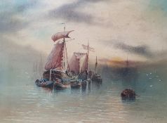Garman Morris (act 1900-1930)  Watercolour drawing "On...e Scheldt", moored fishing boats at dusk