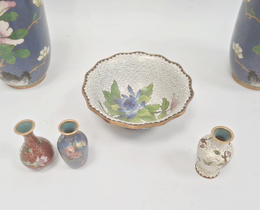 Pair Japanese cloisonné enamel vases of rouleau form, flowering peony on a blue enamel and cloud - Image 2 of 10