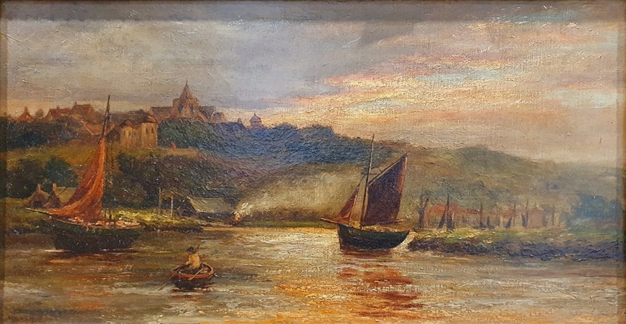 British school (late 19th/early 20th century) Oil on canvas  Boats on a lake with town beyond,