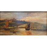 British school (late 19th/early 20th century) Oil on canvas  Boats on a lake with town beyond,